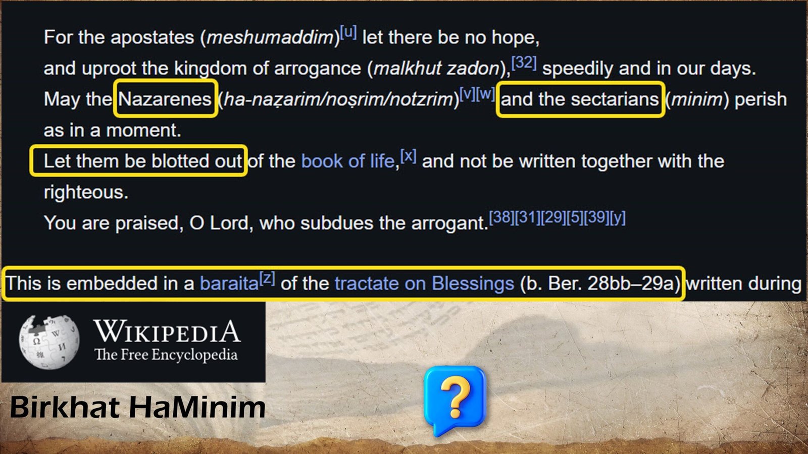 Birkhat HaMinim, Wikipedia, Orthodox death curth, Judah and Joseph violance, Parasha Vayeshev