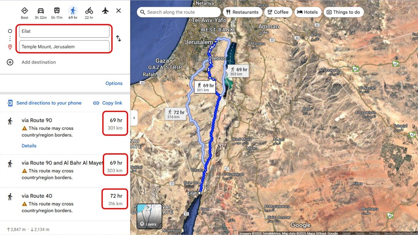 Eilat to Jerusalem travel map