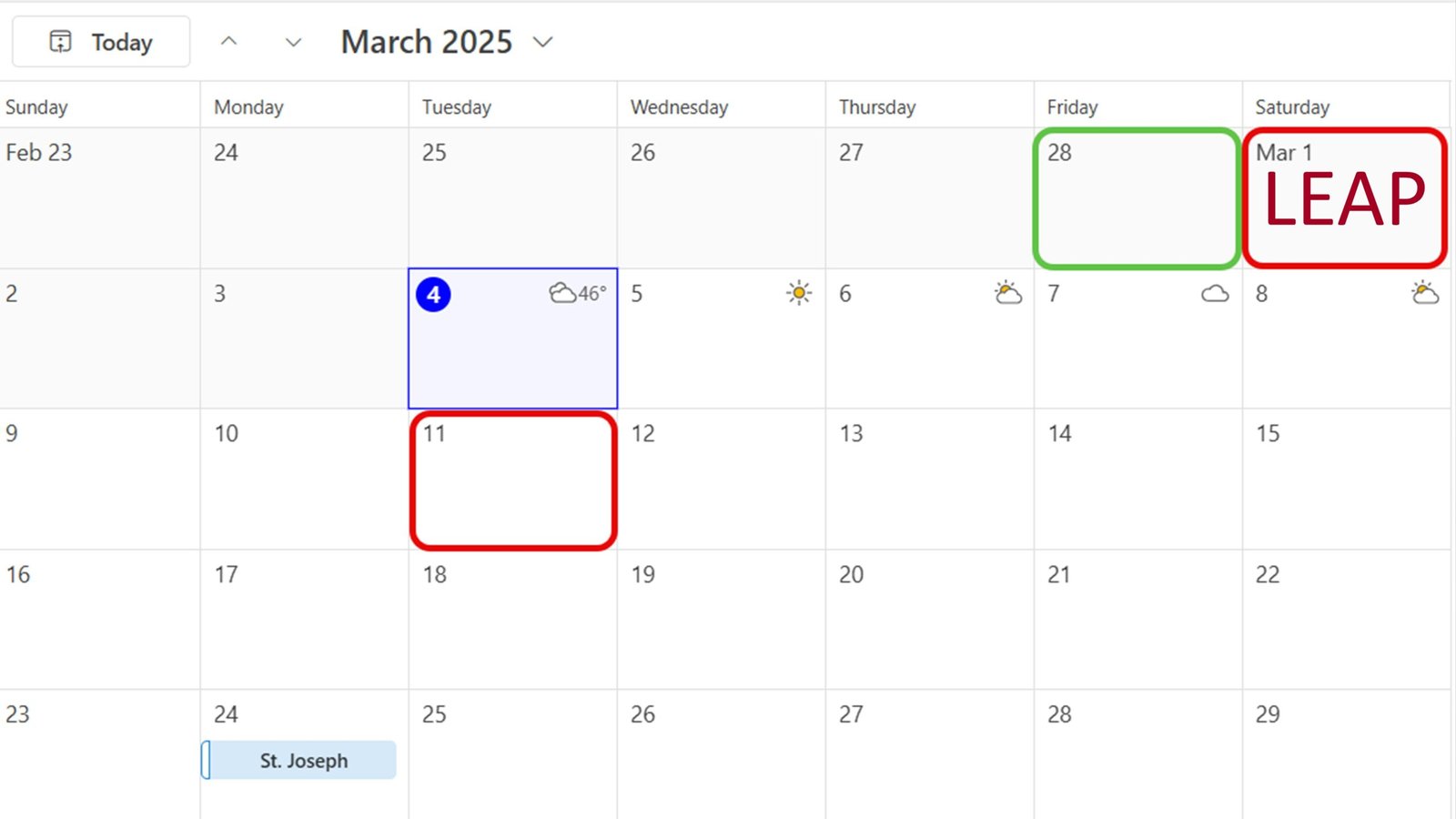 calendar march 2025 leap year