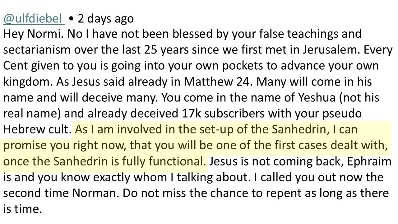 death threat, ulf diebel associate of nascent sanhedrin, 18 april 2025